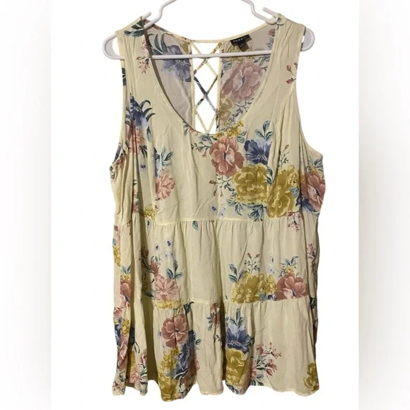 Torrid Floral Tiered Top Womens 2X Yellow Sleeveless Challis Fairy Cottage Comfy - Picture 1 of 16